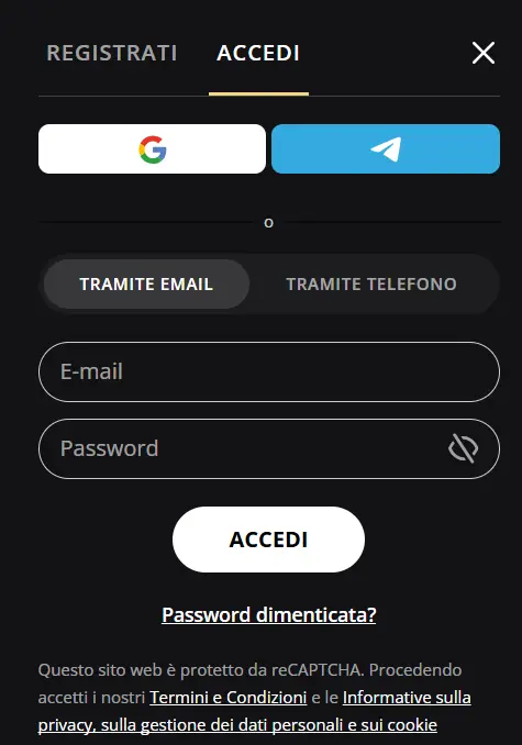 Modulo di accesso a Lex Casino