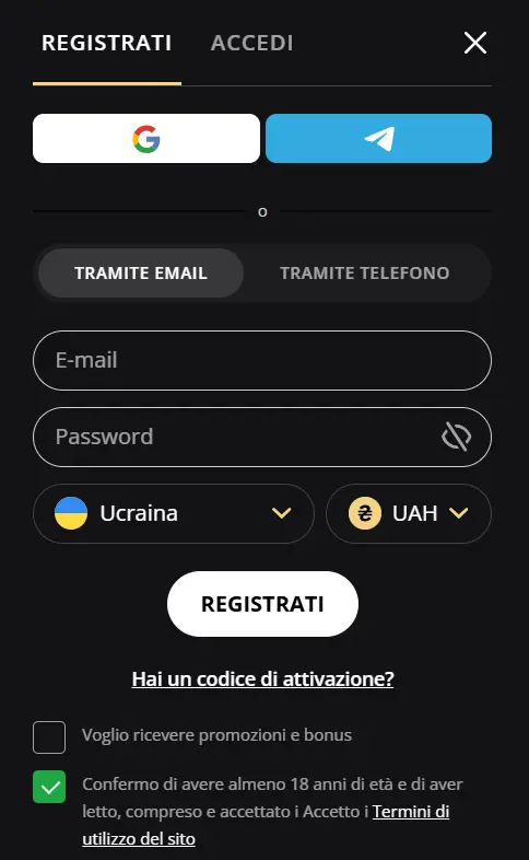 Modulo di registrazione a Lex Casino
